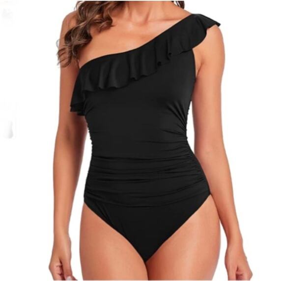 Dokotoo Other - Dokotoo Ruffled One Shoulder Swimsuit NWT M One Piece Black Ruched Beach Summer
